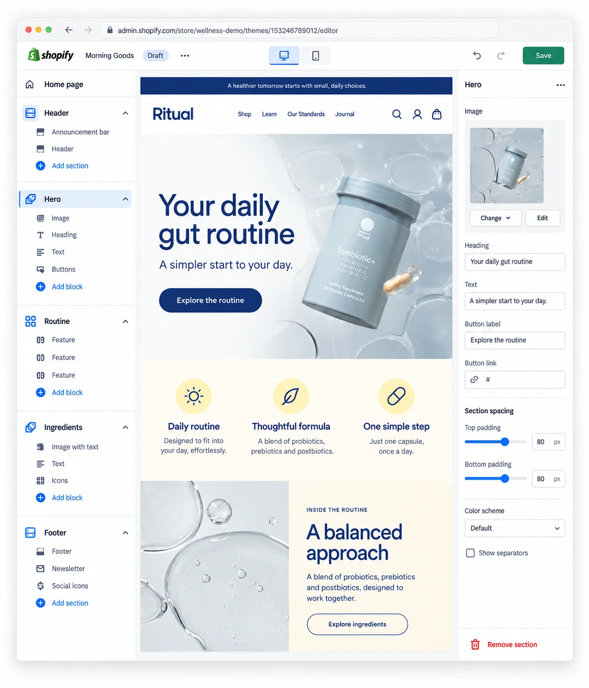 Shopify theme editor and landing-page layout