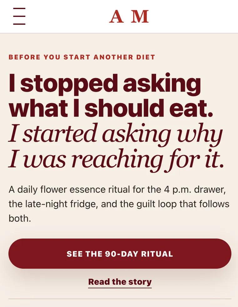 Mobile landing page hero for a daily flower essence ritual with a diet-related headline and ritual CTA