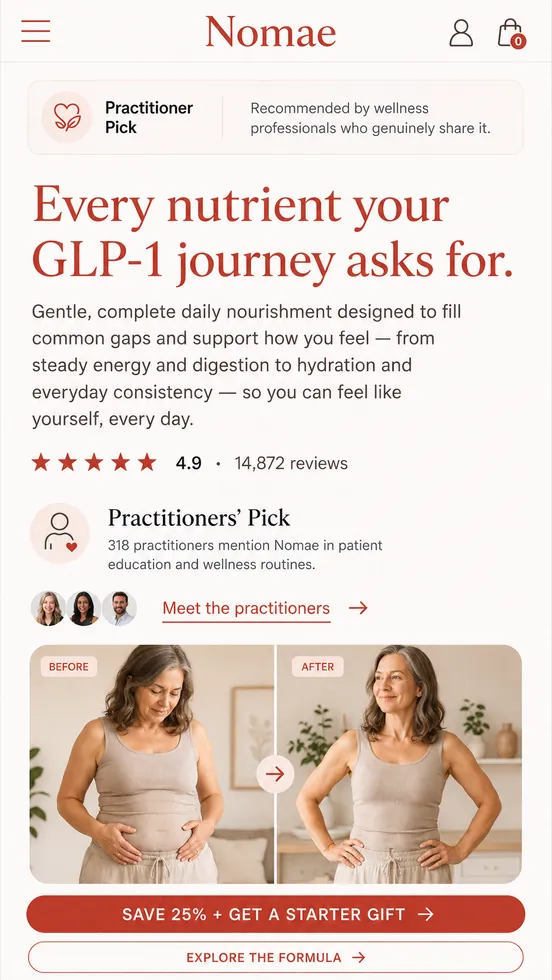 Personalized Nomæ landing page continuing the midlife bloating angle