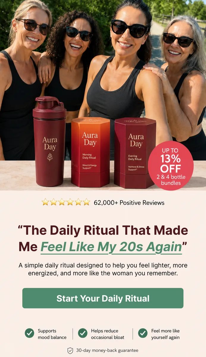 Aura Day ad-matched landing page continuing the 40 plus energy story with product bundles, discount proof, reviews, and a daily ritual call to action