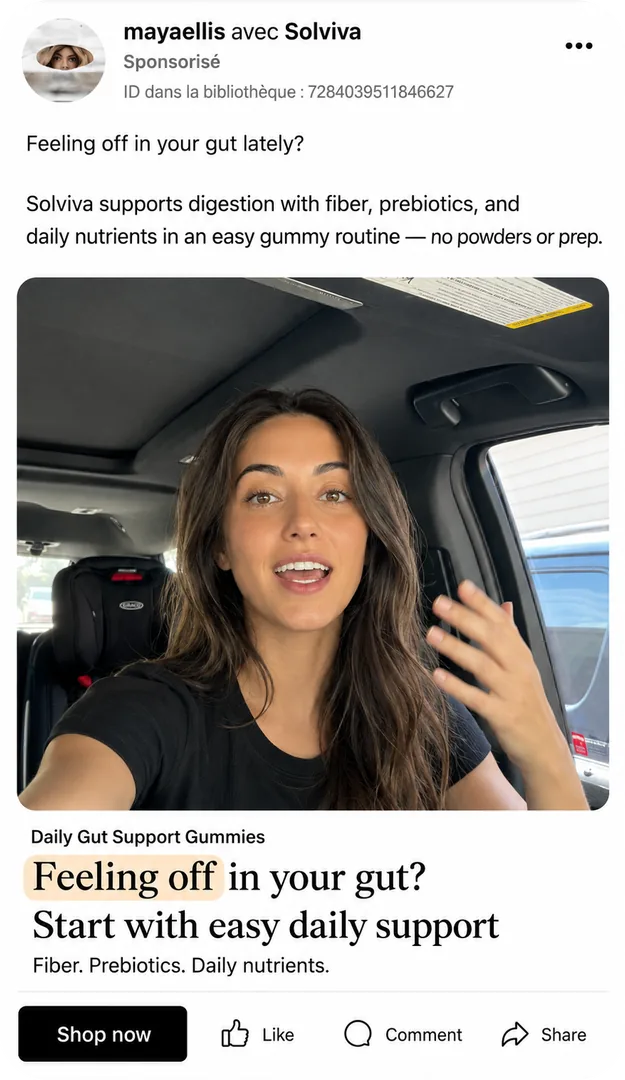 Paid social ad for Solviva gut support gummies with the highlighted promise Feeling off in your gut